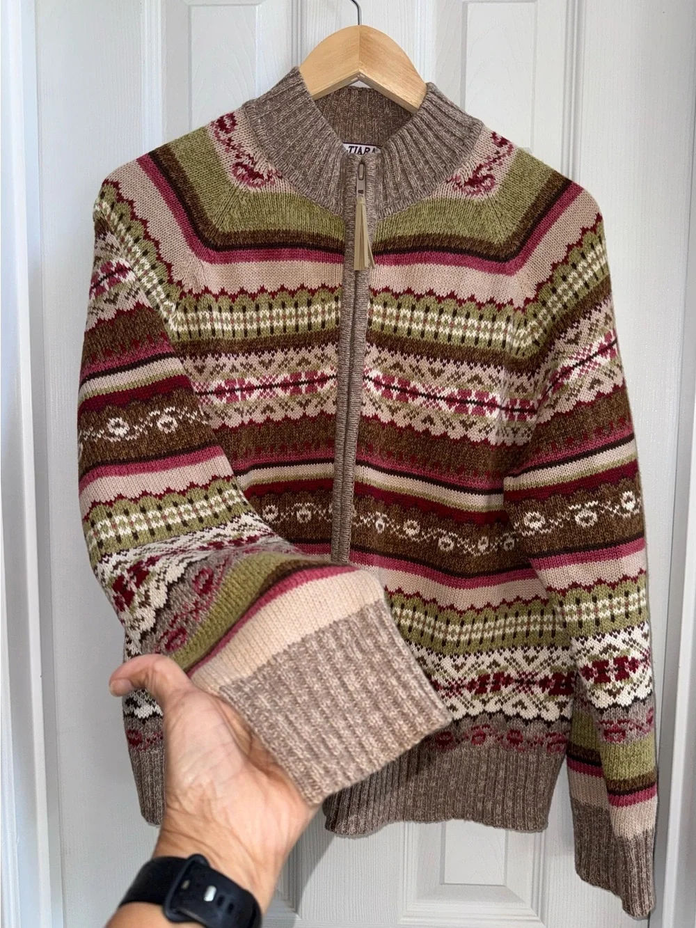 Vintage tiara international Full Zip Cardigan L Fair Isle Warm Fall  Grannycore